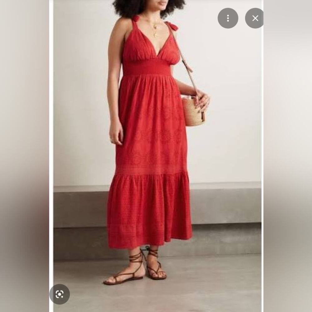 Alice Olivia Levine Eyelet Midi Dress 12 Poppy Red Smocked Waist Tie Strap Linen
